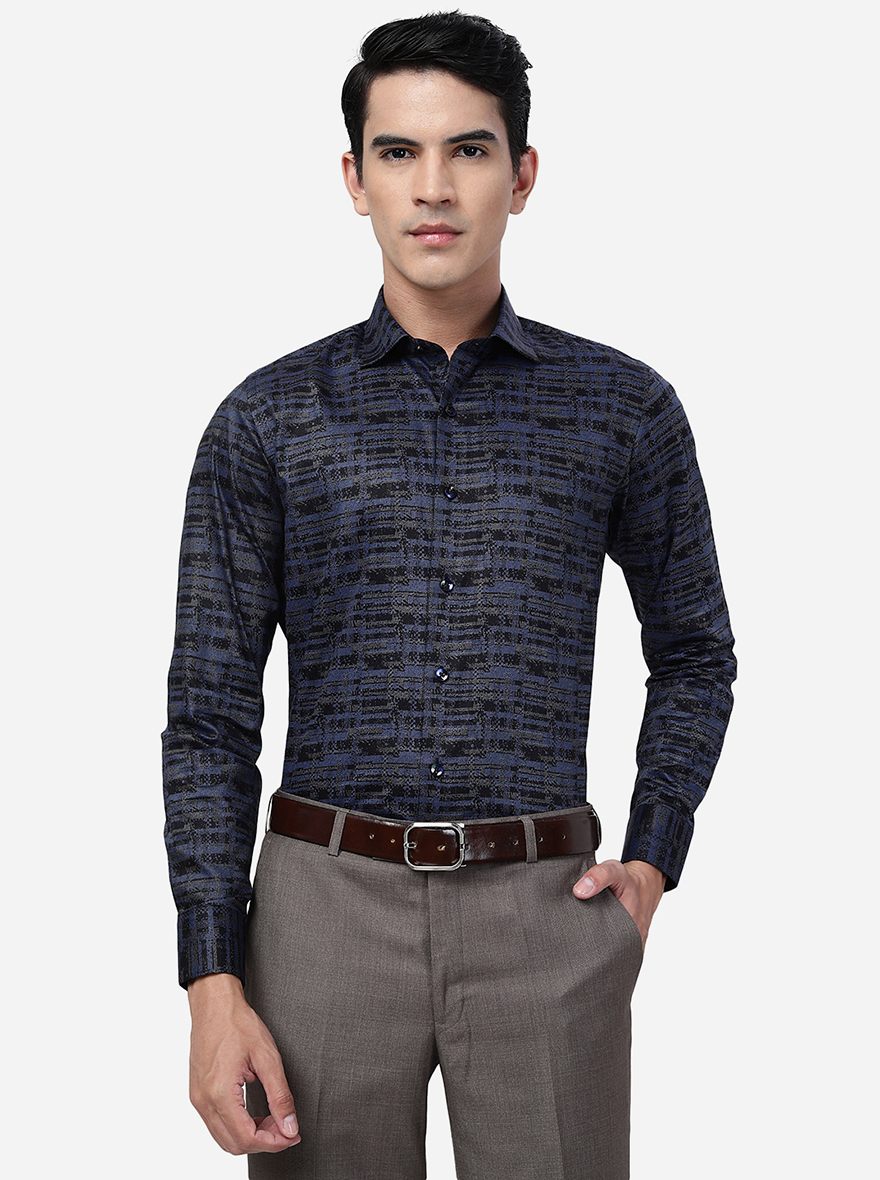 Blue Printed Slim Fit Party Wear Shirt | JB Studio