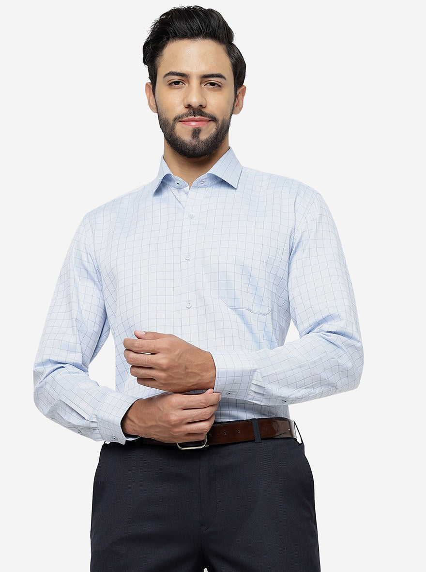 Light Blue Checked Regular Fit Formal Shirt | JadeBlue