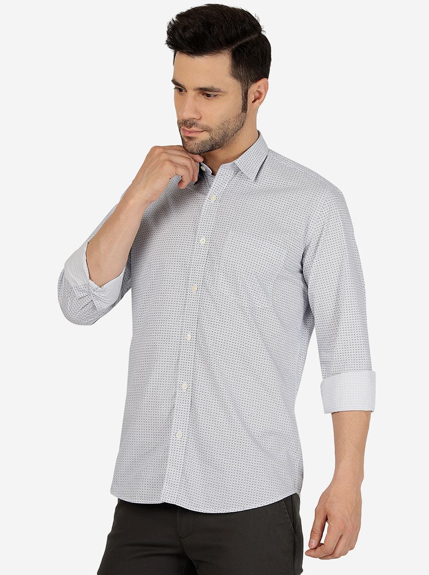 Light Blue Printed Slim Fit Semi Casual Shirt | JadeBlue