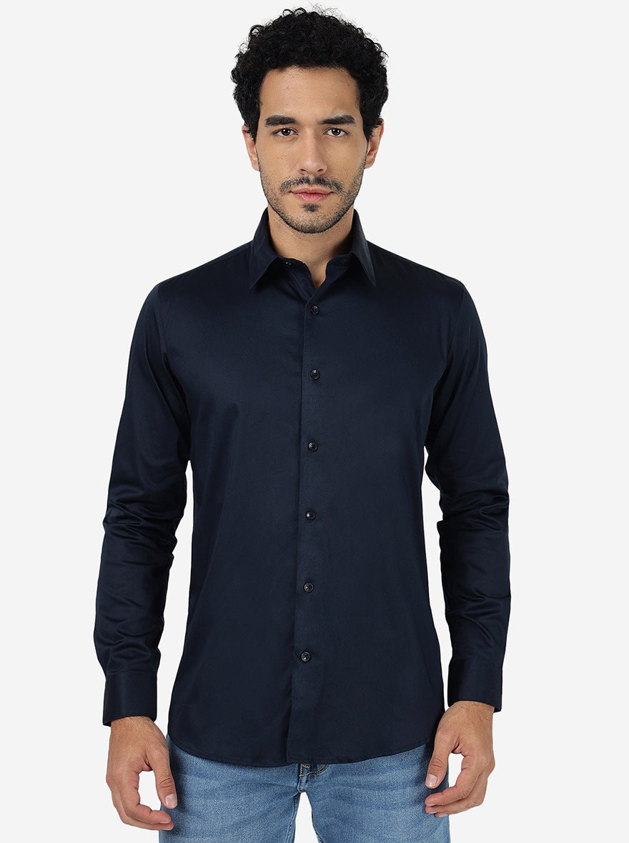 Navy Blue Solid Slim Fit Casual Shirt | JadeBlue