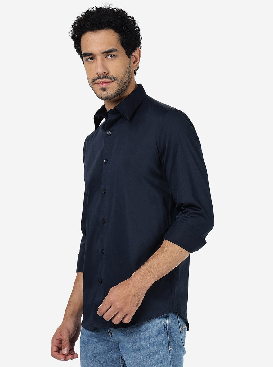 Navy Blue Solid Slim Fit Casual Shirt | JadeBlue