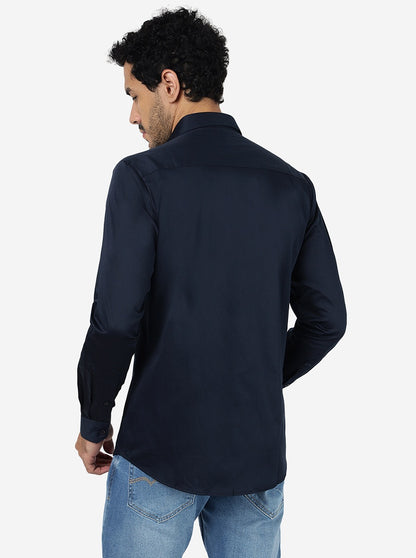 Navy Blue Solid Slim Fit Casual Shirt | JadeBlue