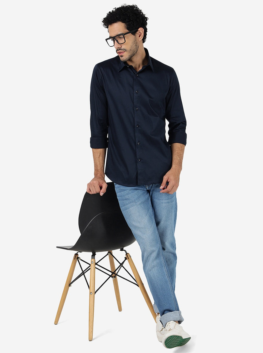 Navy Blue Solid Slim Fit Casual Shirt | JadeBlue