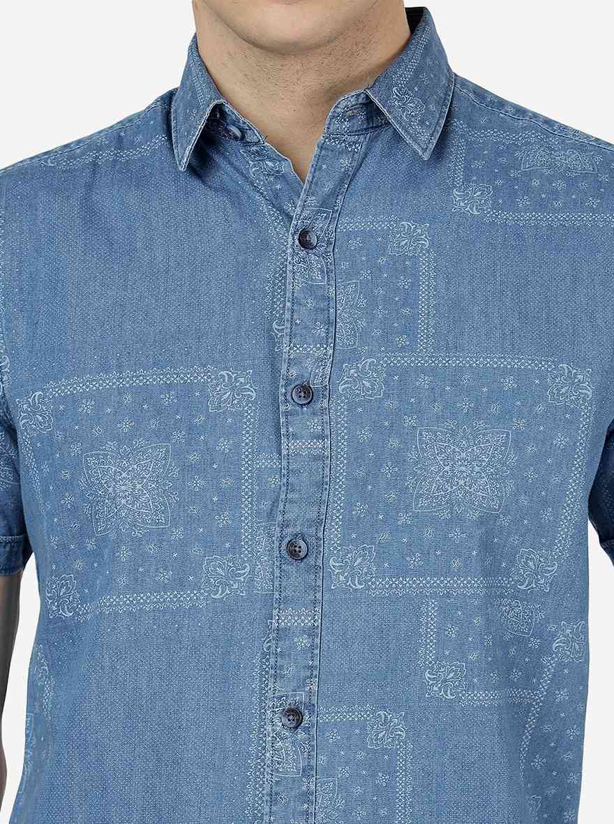 Light Indigo Blue Printed Slim Fit Casual Shirt | JadeBlue