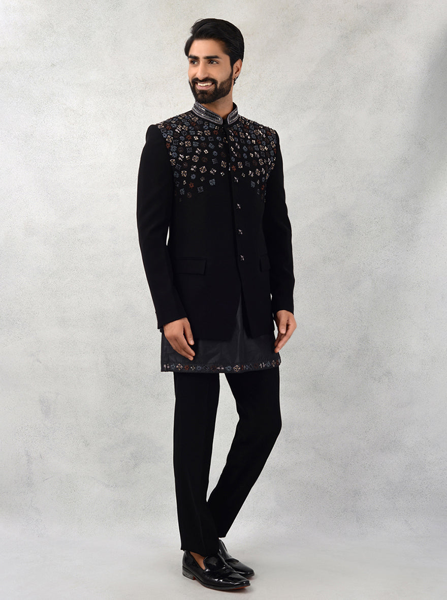 TULA Embroidered Jodhpuri Suit for Men | Stylish Black Mandarin Collar ...