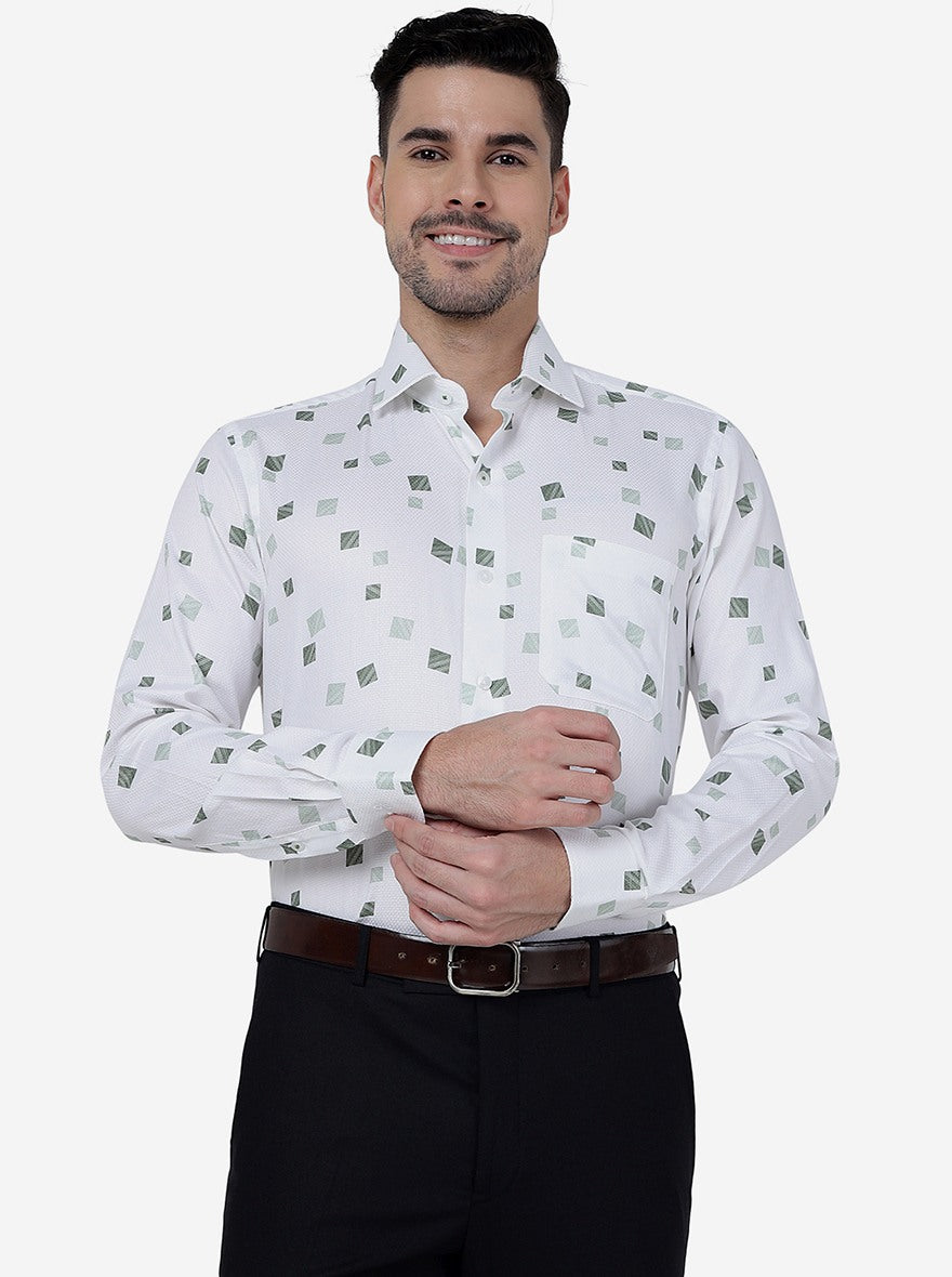 White & Green Printed Slim Fit Formal Shirt | Metal