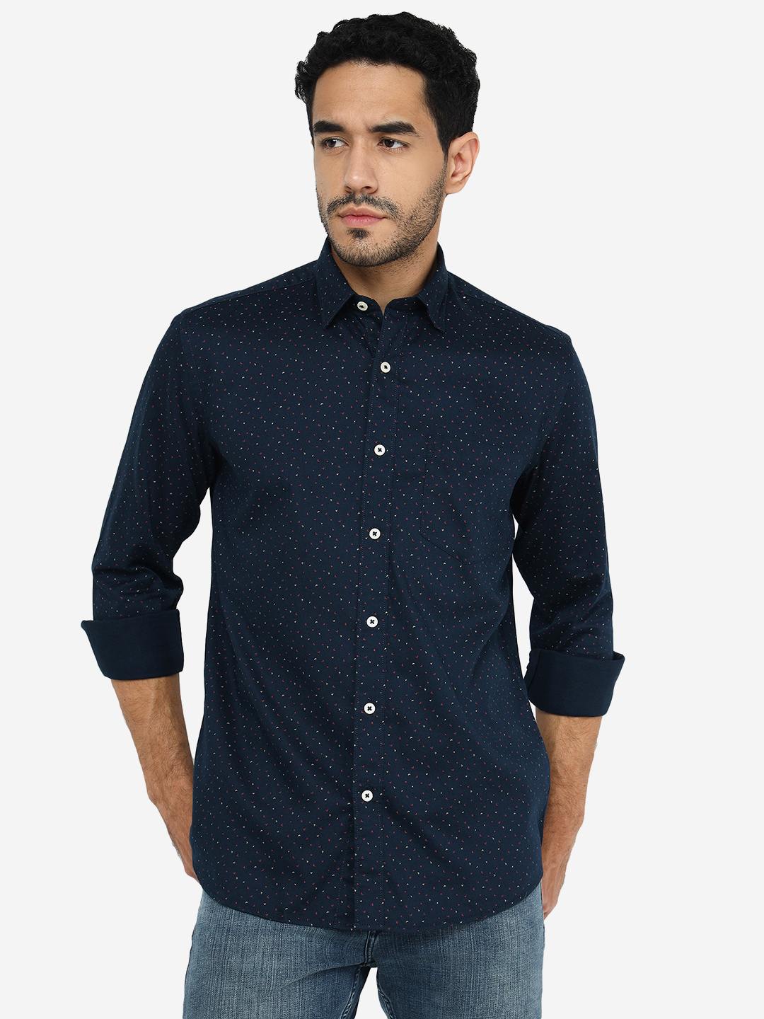 Navy Blue Printed Slim Fit Semi Casual Shirt | JadeBlue