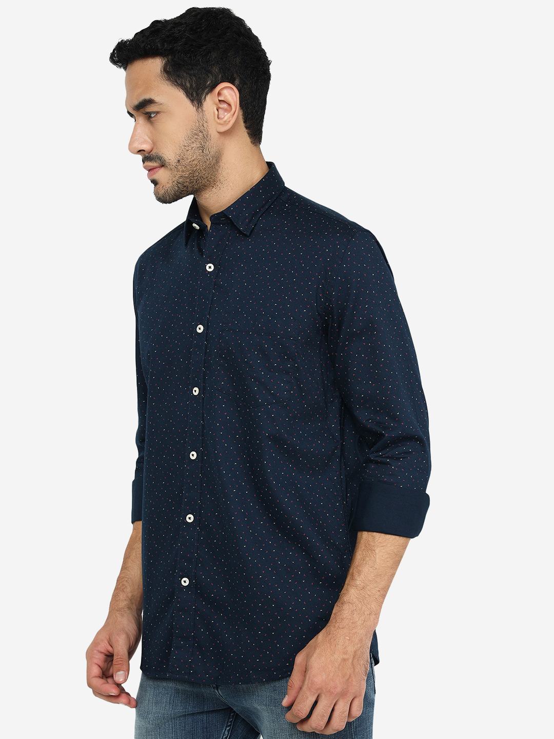 Navy Blue Printed Slim Fit Semi Casual Shirt | JadeBlue