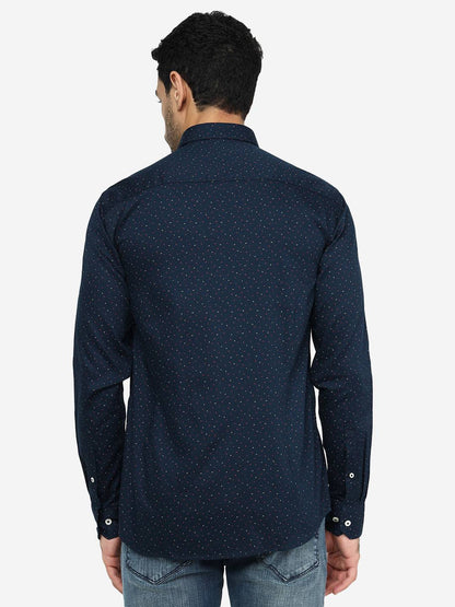 Navy Blue Printed Slim Fit Semi Casual Shirt | JadeBlue