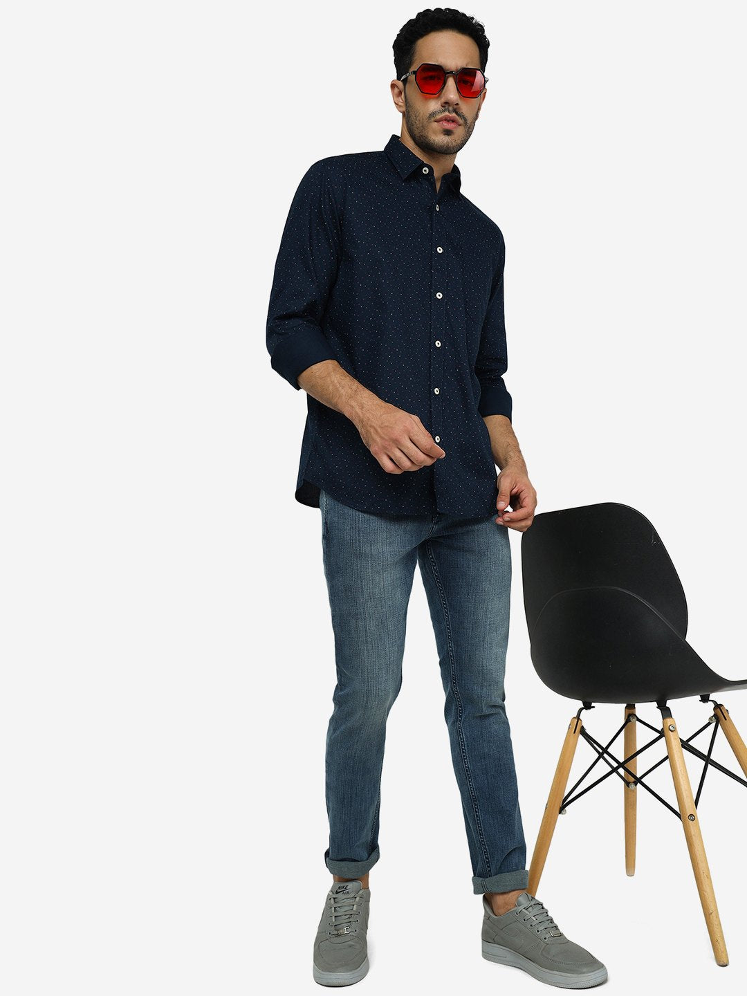 Navy Blue Printed Slim Fit Semi Casual Shirt | JadeBlue
