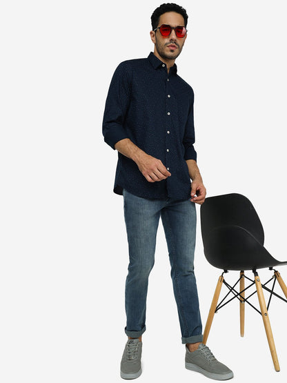 Navy Blue Printed Slim Fit Semi Casual Shirt | JadeBlue