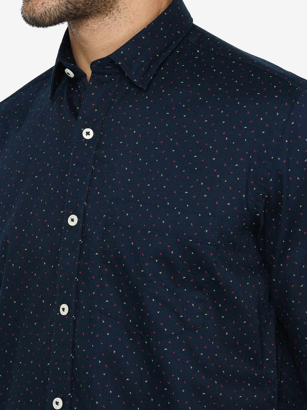 Navy Blue Printed Slim Fit Semi Casual Shirt | JadeBlue