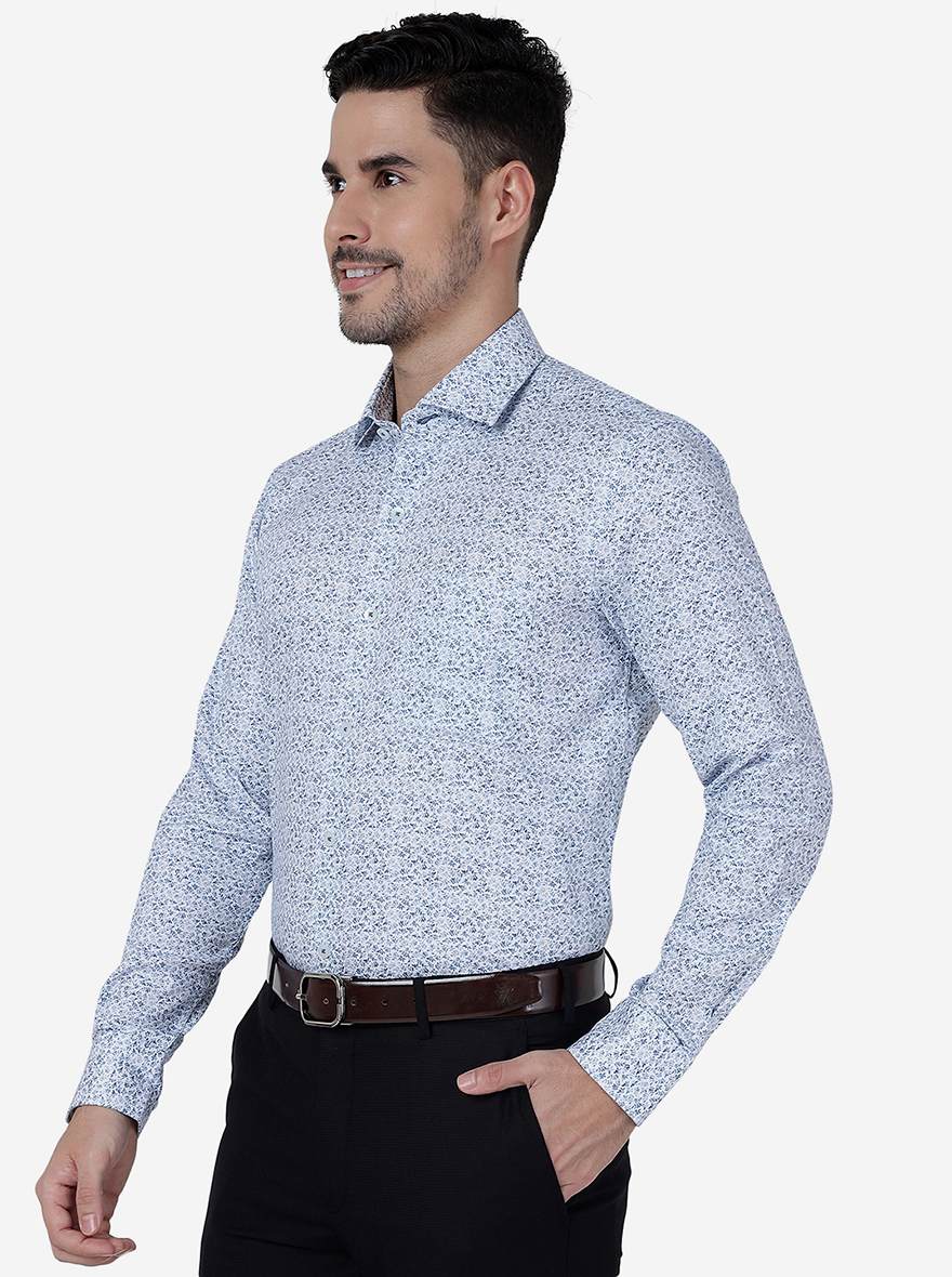 Blue Printed Slim Fit Formal Shirt | Metal