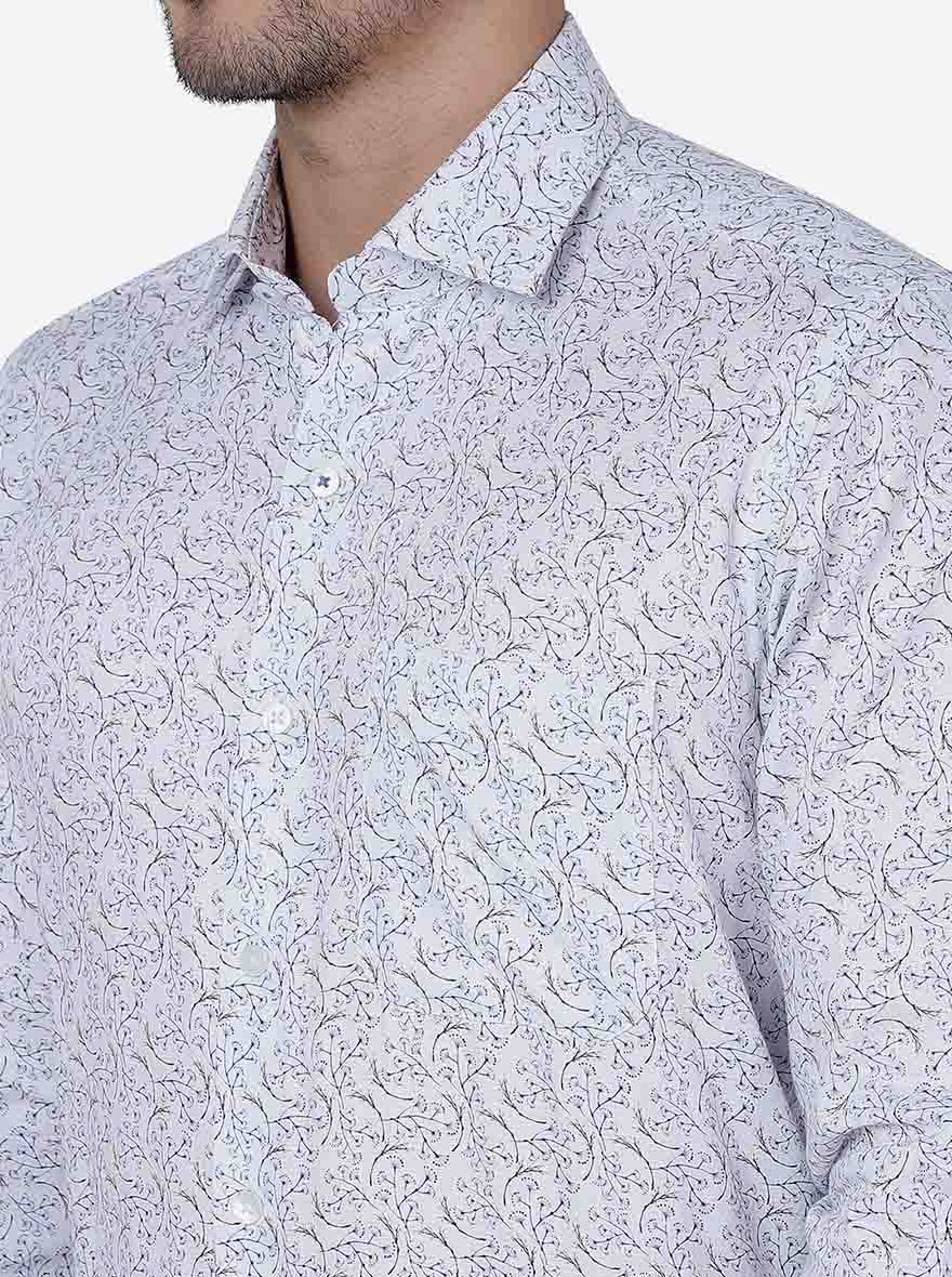 White & Blue Printed Slim Fit Formal Shirt | Metal
