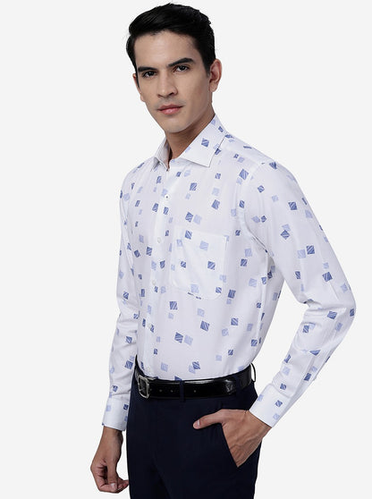 White & Blue Printed Slim Fit Formal Shirt | Metal
