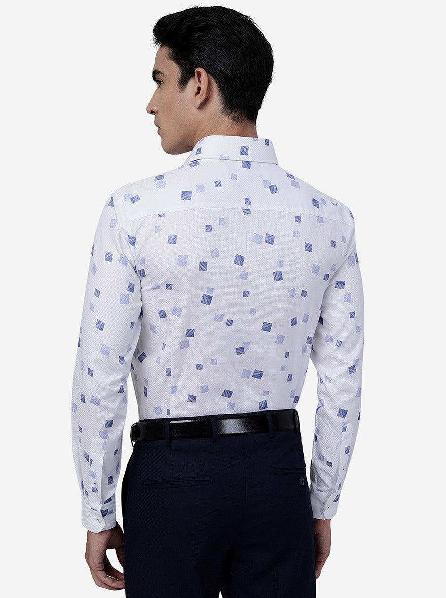 White & Blue Printed Slim Fit Formal Shirt | Metal