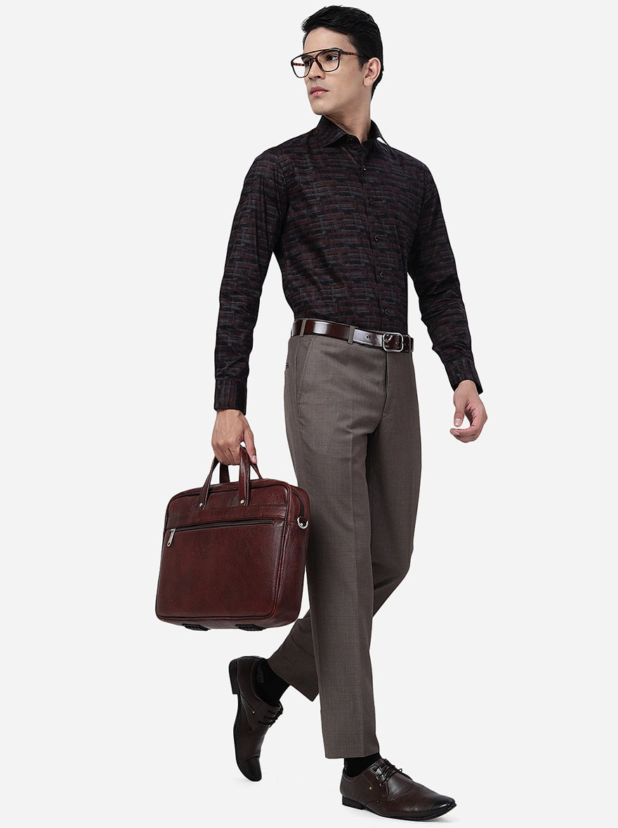 Brown Solid Slim Fit Formal Trouser | Metal