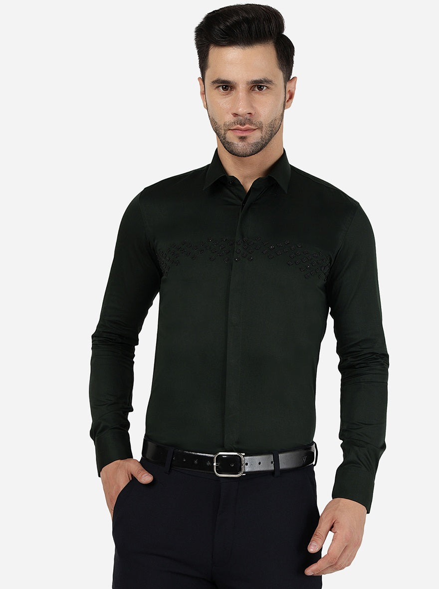 Bottle Green Solid Slim Fit Party Wear Shirt | JB Studio