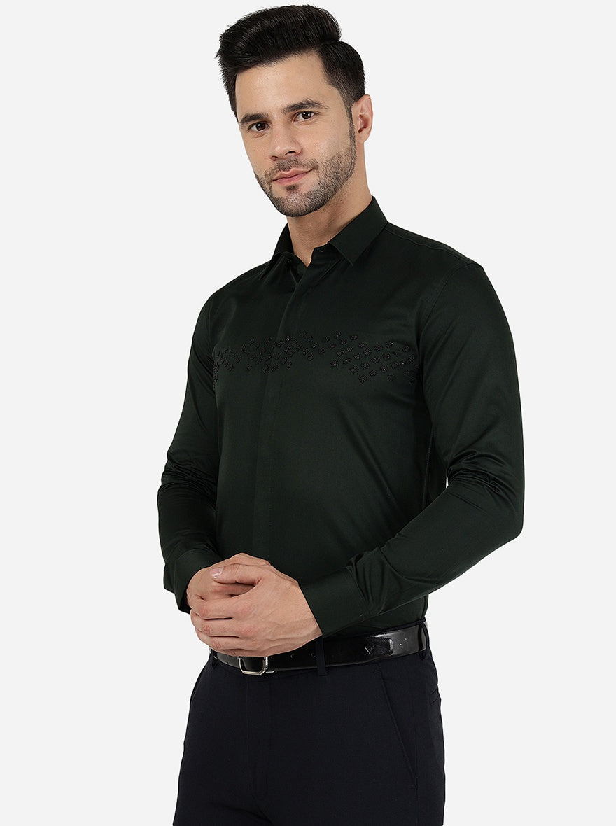 Bottle Green Solid Slim Fit Party Wear Shirt | JB Studio