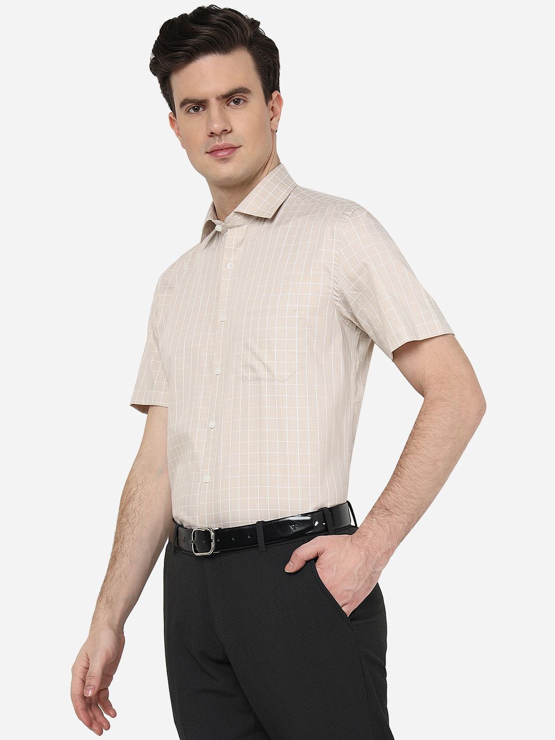 Light Brown Checked Regular Fit Formal Shirt | JadeBlue