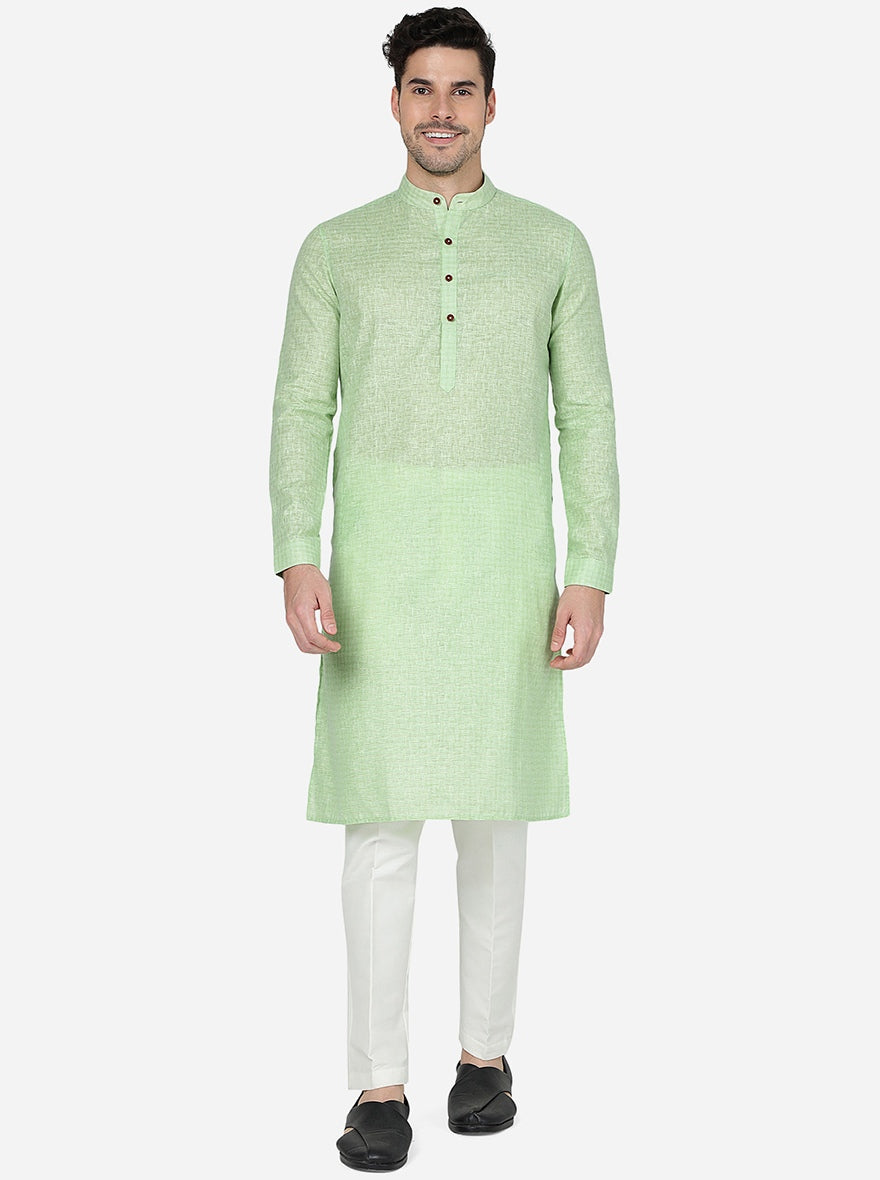 Grass Green Checked Regular Fit Modi Kurta | JadeBlue