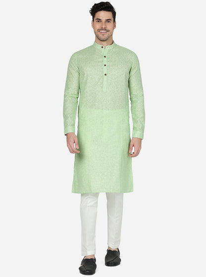 Grass Green Checked Regular Fit Modi Kurta | JadeBlue