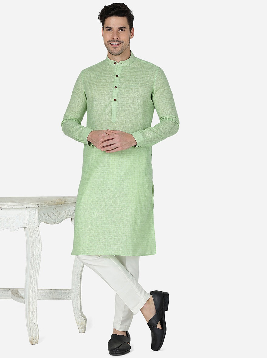 Grass Green Checked Regular Fit Modi Kurta | JadeBlue