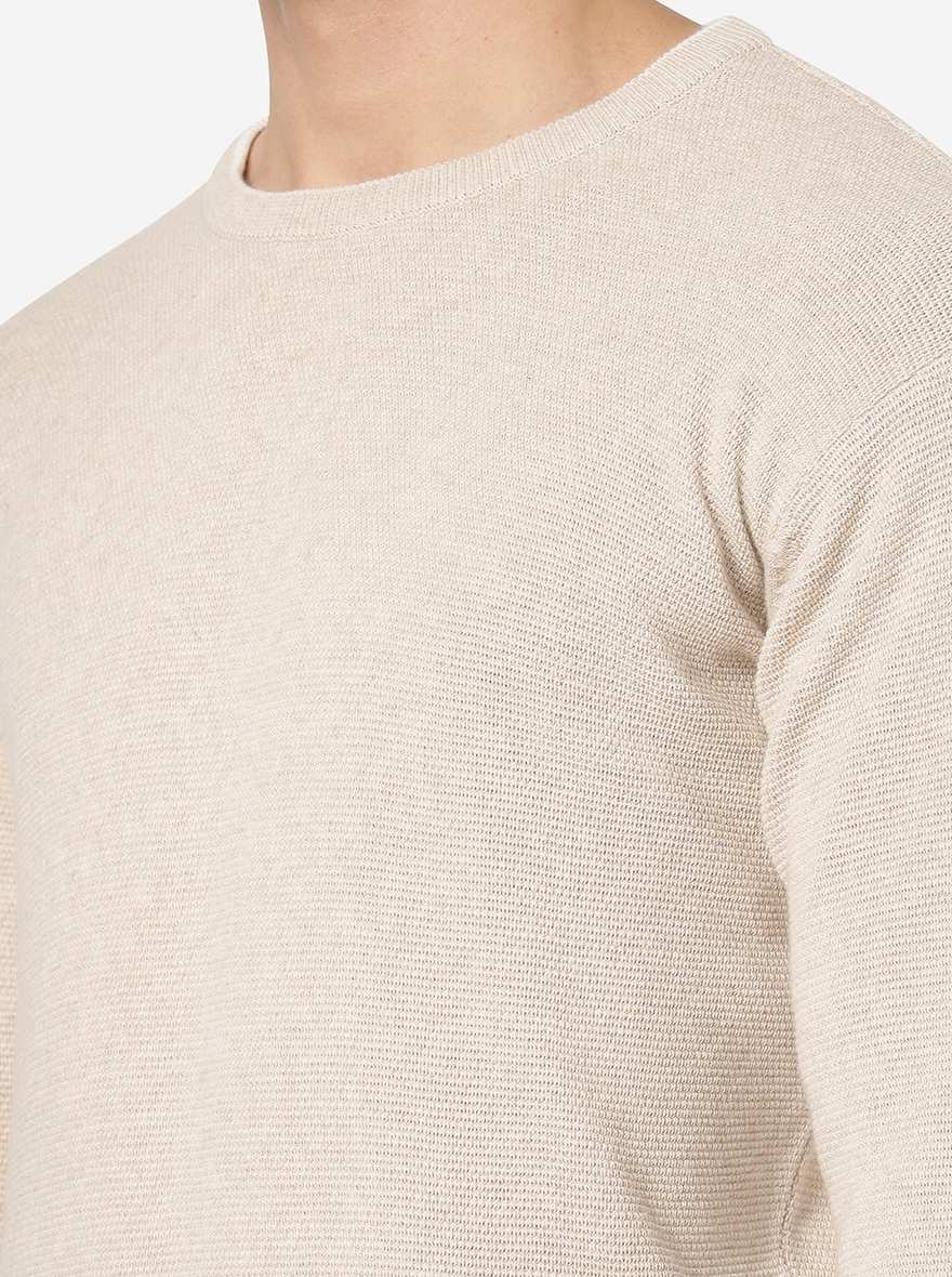 Ecru Solid Slim Fit Winter T-Shirt | JadeBlue