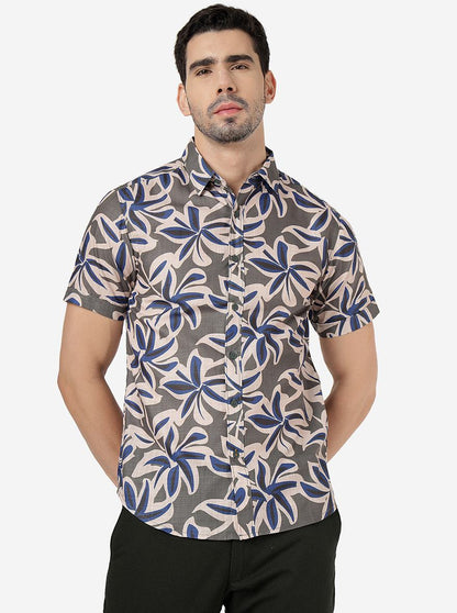 Silver Grey Printed Slim Fit Casual Shirt | Greenfibre