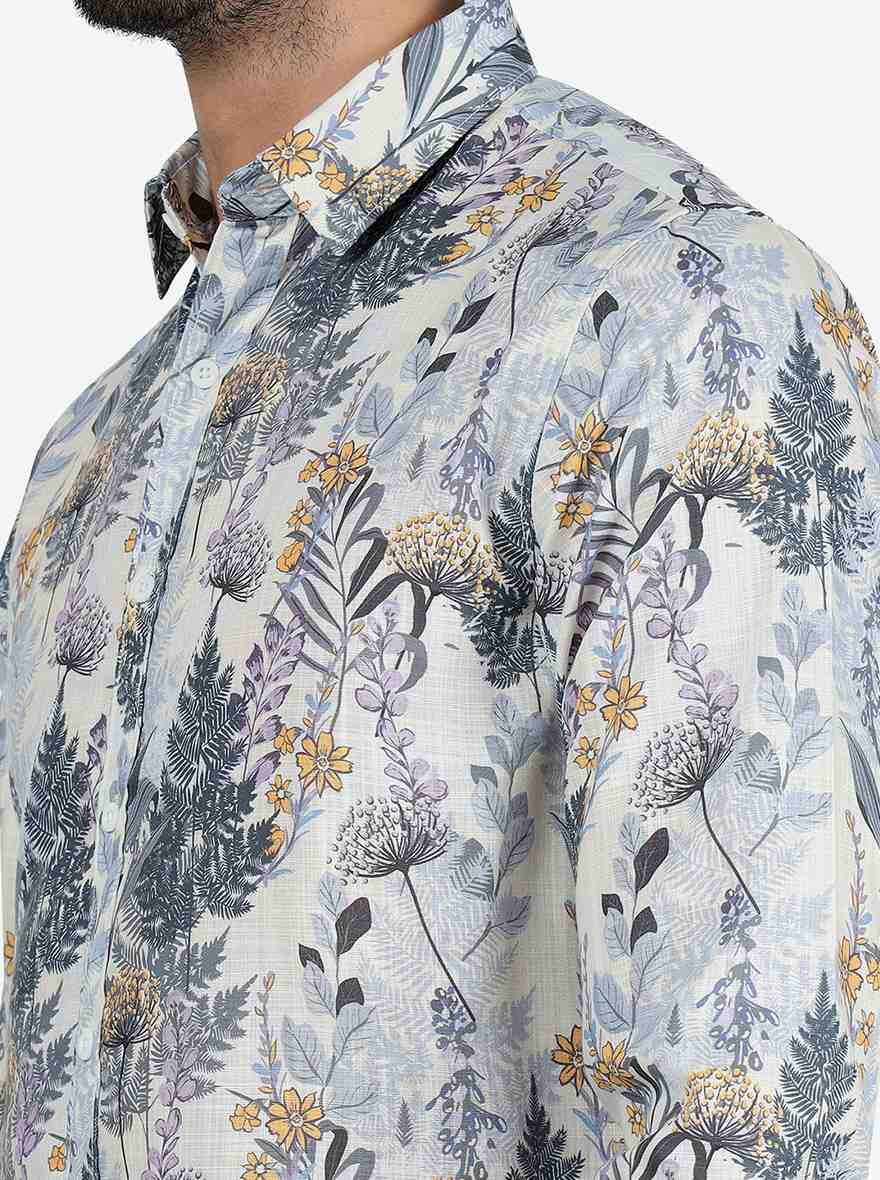 Off White Printed Slim Fit Casual Shirt | Greenfibre