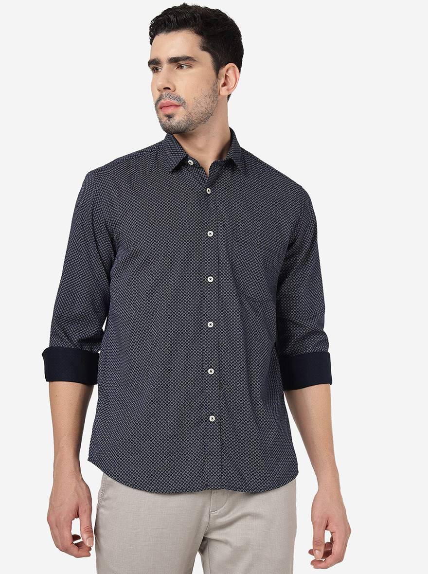 Dark Blue Printed Slim Fit Semi Casual Shirt | JadeBlue