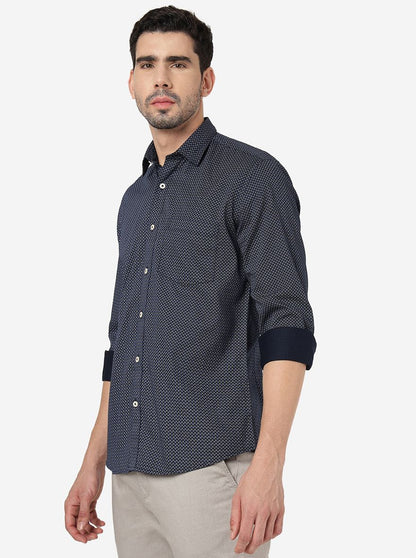 Dark Blue Printed Slim Fit Semi Casual Shirt | JadeBlue