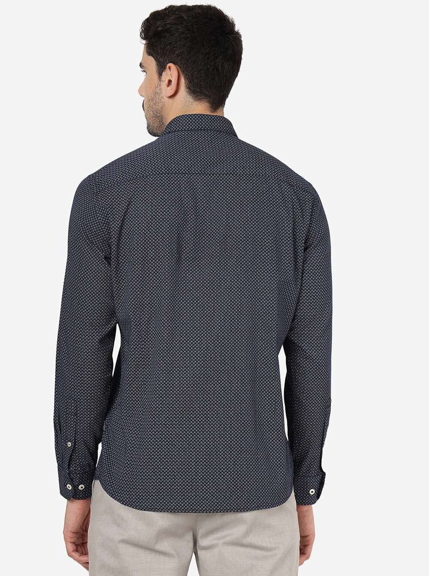 Dark Blue Printed Slim Fit Semi Casual Shirt | JadeBlue
