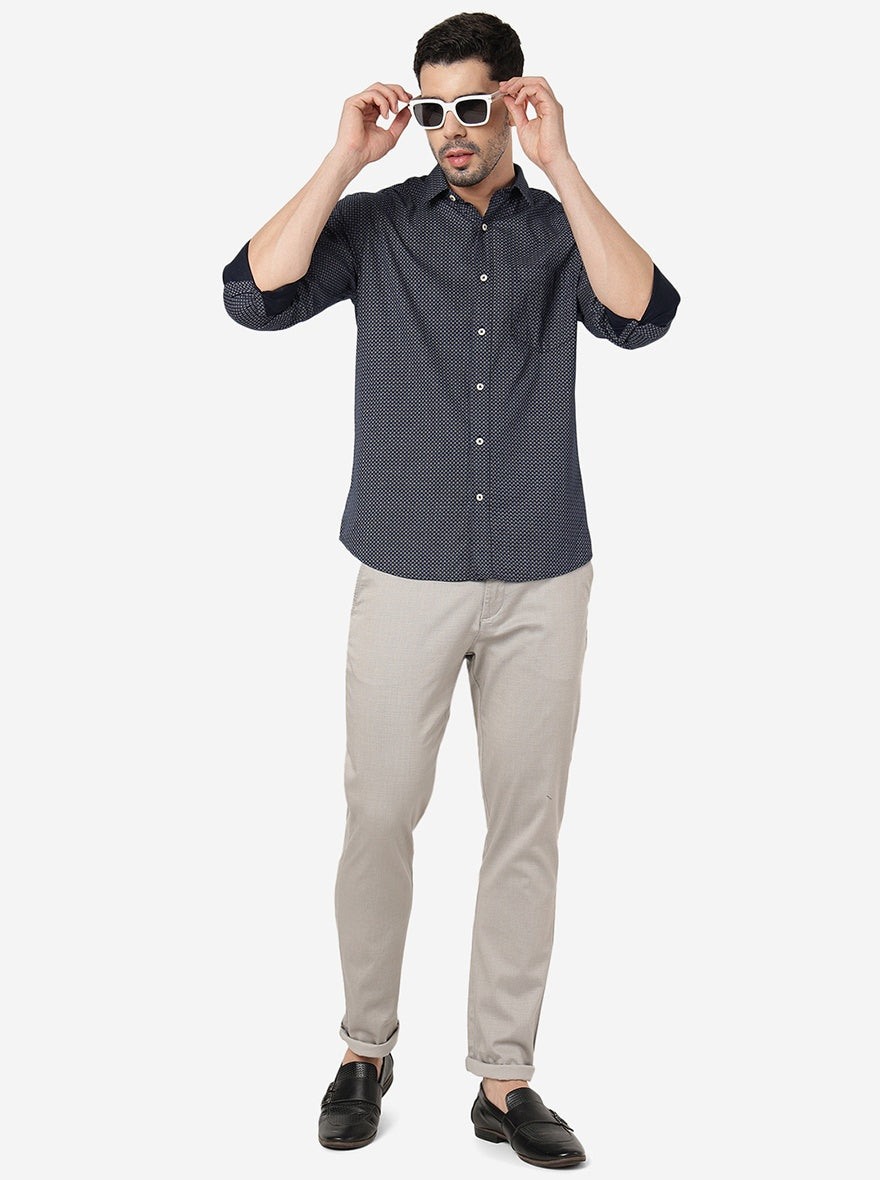 Dark Blue Printed Slim Fit Semi Casual Shirt | JadeBlue