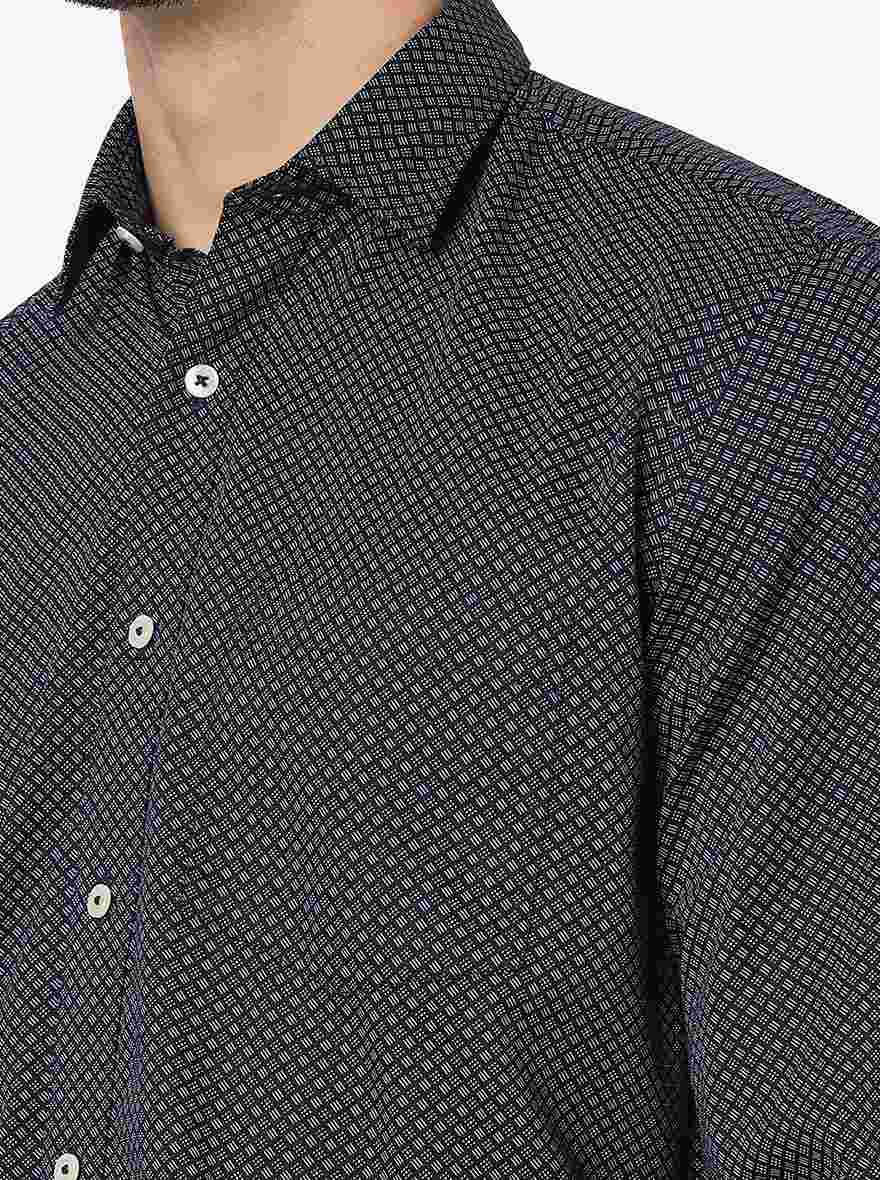 Dark Blue Printed Slim Fit Semi Casual Shirt | JadeBlue