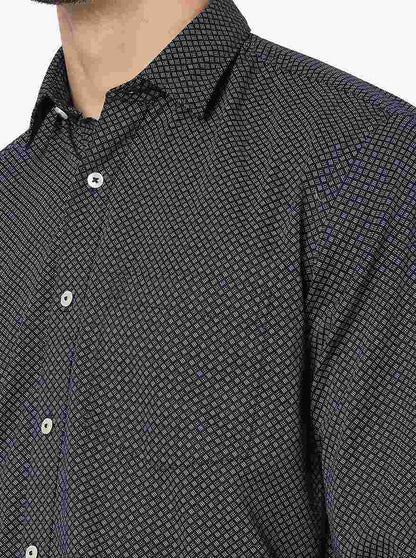 Dark Blue Printed Slim Fit Semi Casual Shirt | JadeBlue