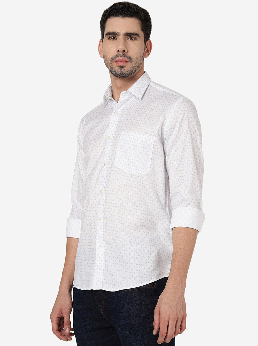 White Printed Slim Fit Semi Casual Shirt | JadeBlue
