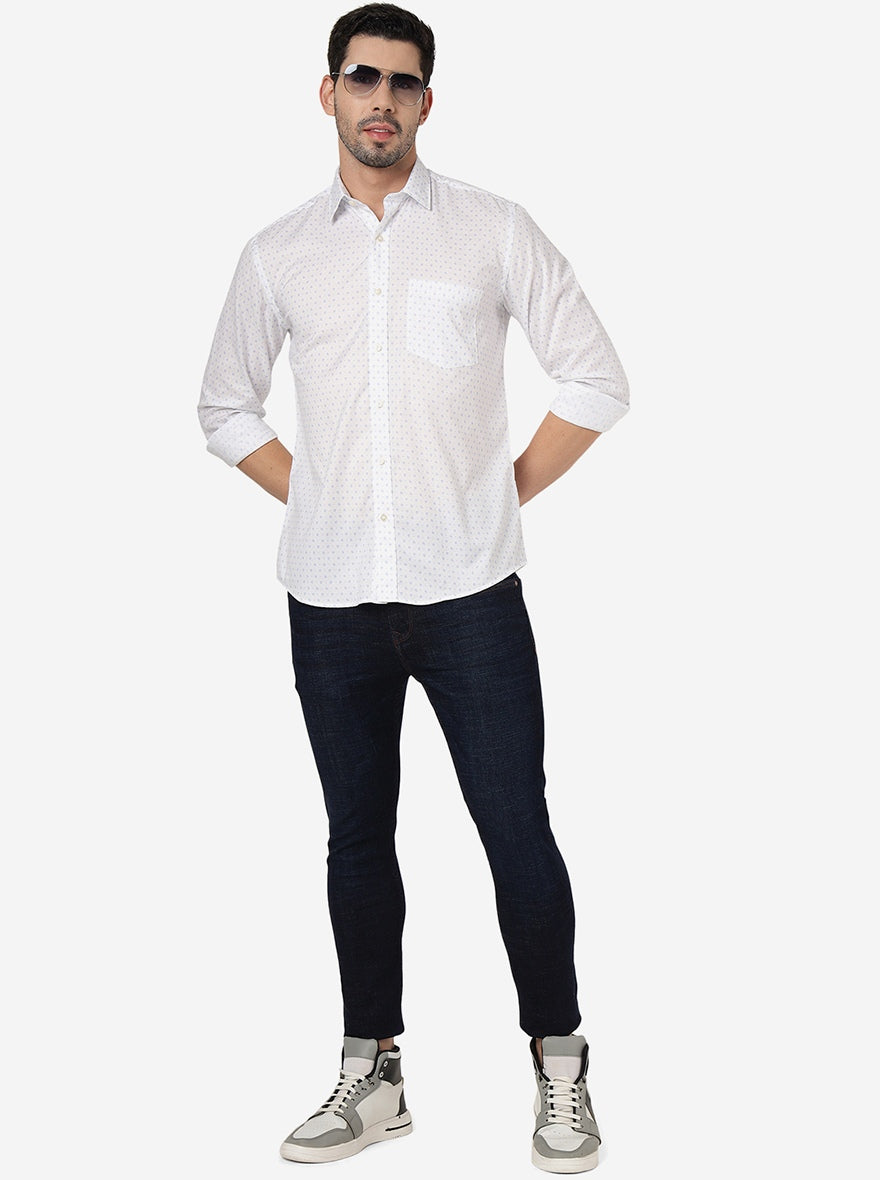 White Printed Slim Fit Semi Casual Shirt | JadeBlue