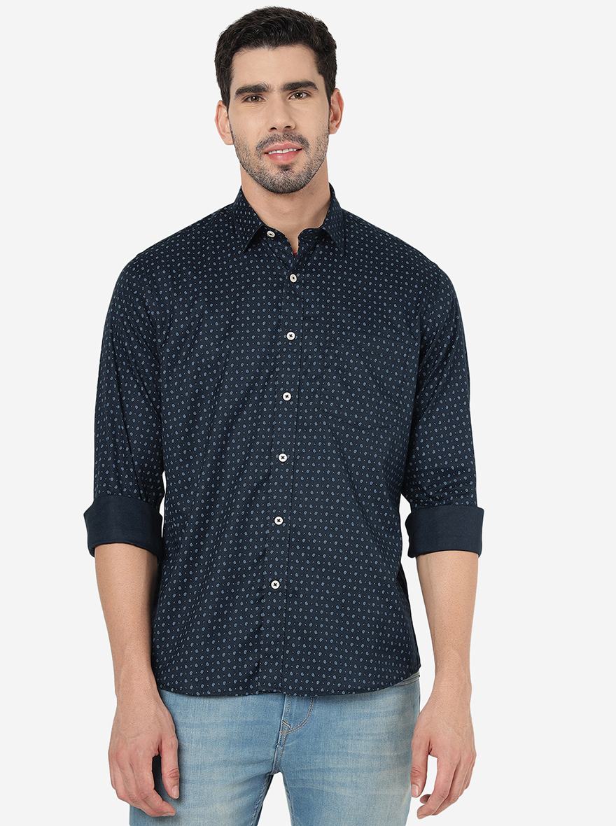 Navy Blue Printed Slim Fit Semi Casual Shirt | JadeBlue