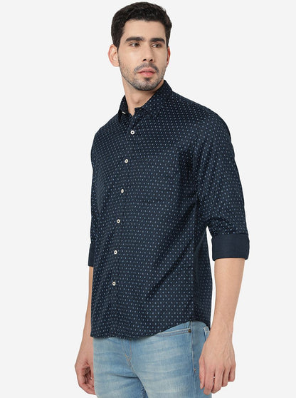 Navy Blue Printed Slim Fit Semi Casual Shirt | JadeBlue