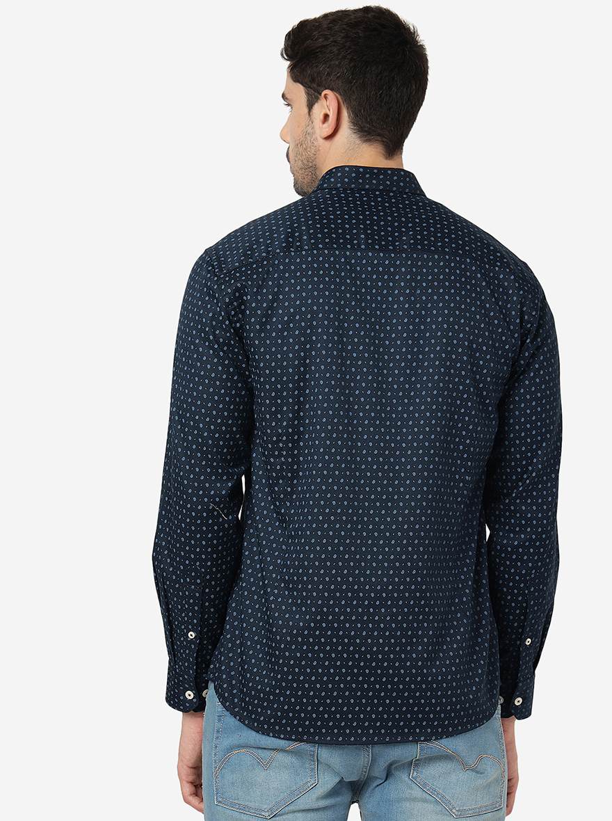 Navy Blue Printed Slim Fit Semi Casual Shirt | JadeBlue