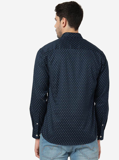 Navy Blue Printed Slim Fit Semi Casual Shirt | JadeBlue