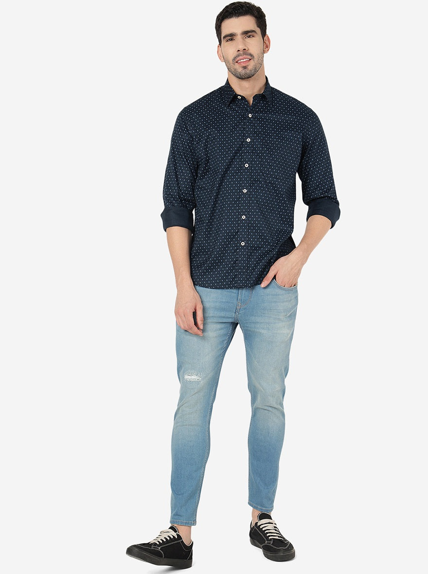 Navy Blue Printed Slim Fit Semi Casual Shirt | JadeBlue