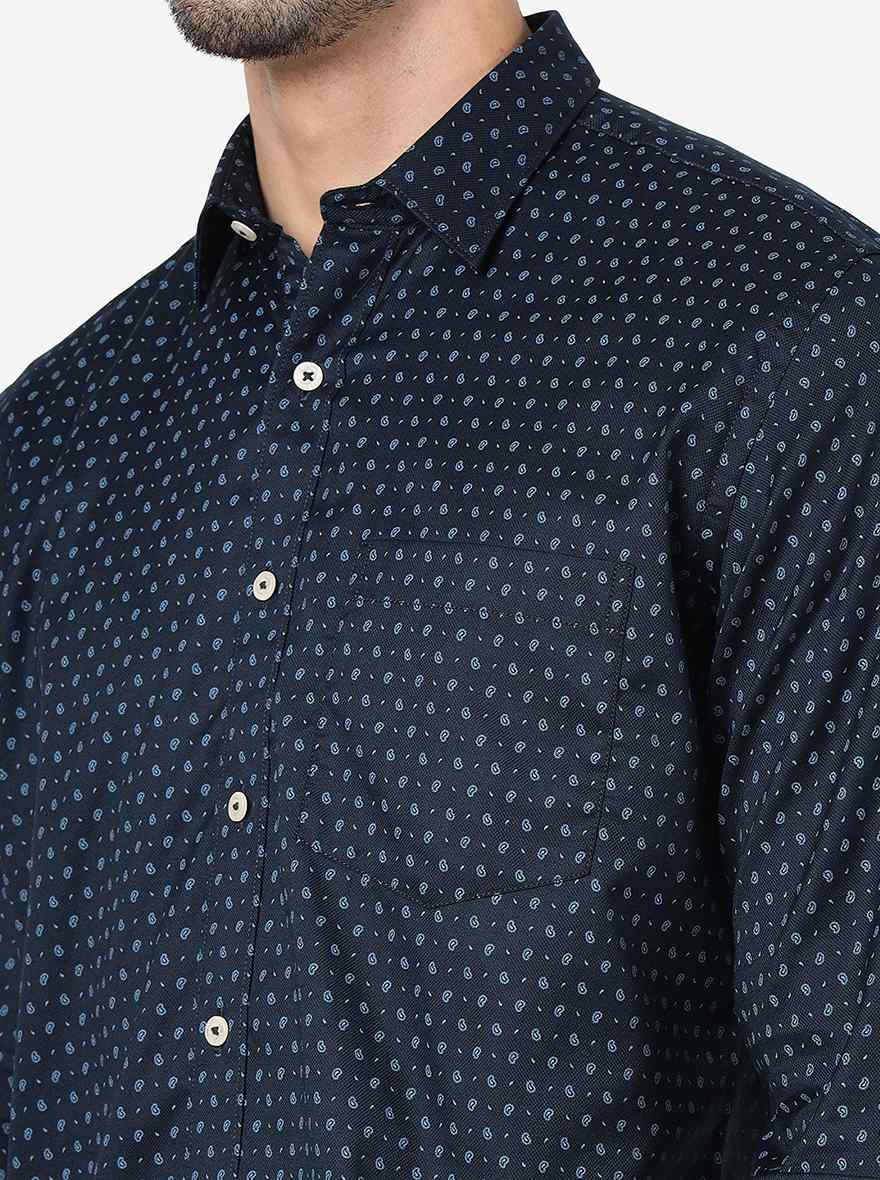 Navy Blue Printed Slim Fit Semi Casual Shirt | JadeBlue