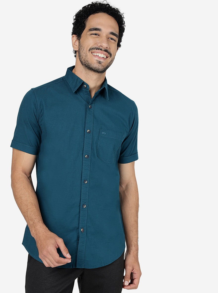 Petrol Blue Solid Slim Fit Casual Shirt | JadeBlue