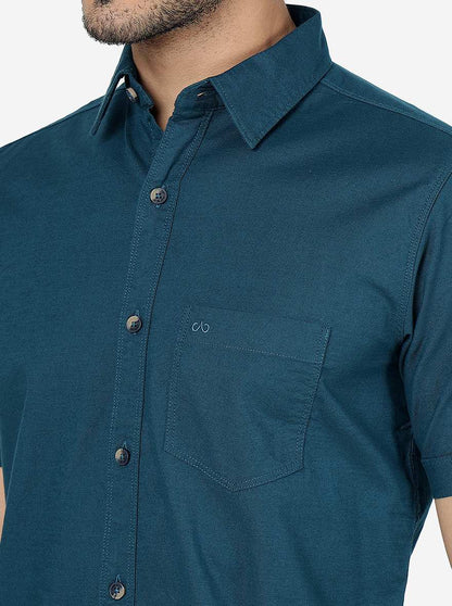 Petrol Blue Solid Slim Fit Casual Shirt | JadeBlue