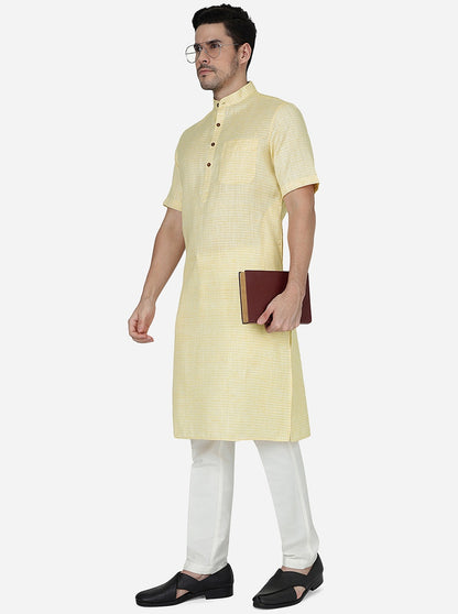 Yellow Striped Regular Fit Modi Kurta | JadeBlue