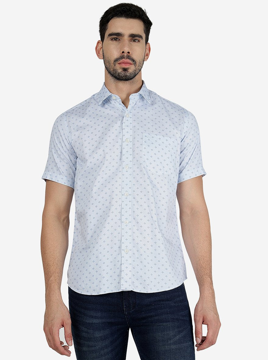 Blue Printed Slim Fit Semi Casual Shirt | JadeBlue
