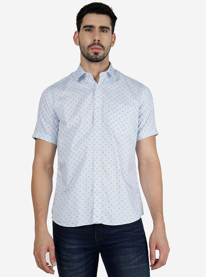 Blue Printed Slim Fit Semi Casual Shirt | JadeBlue