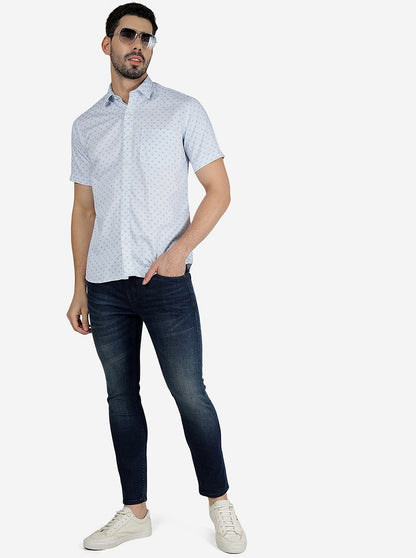 Blue Printed Slim Fit Semi Casual Shirt | JadeBlue